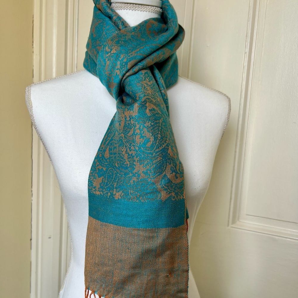 NWOT Teal and Tangerine Orange Silk Pashmina Shawl - Picture 7 of 7